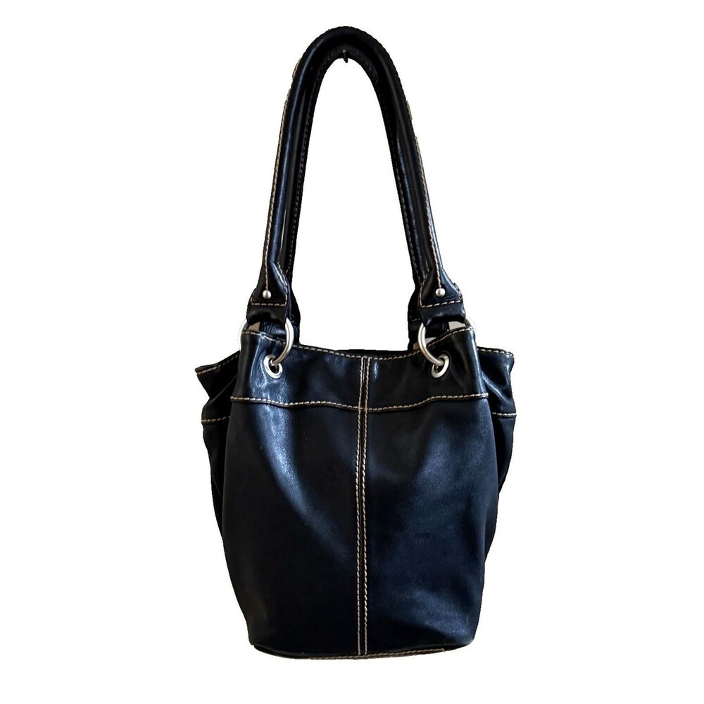 Tignanello Shoulder Bag Black Leather Bucket Purse Contrast Stitch Striped Lined